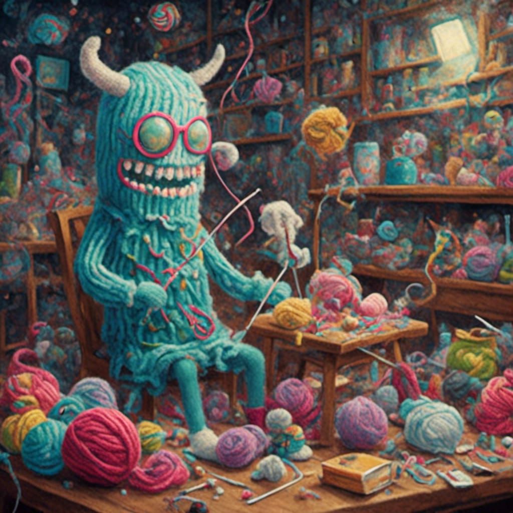 Yarn Monster Knitting Sweater in Pop Surrealism