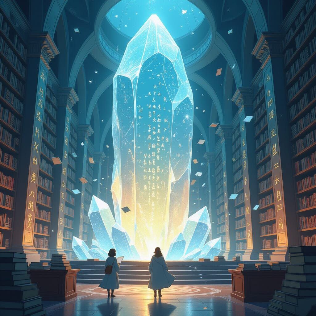 Ancient Crystal Library of Glowing Runes and Floating Books