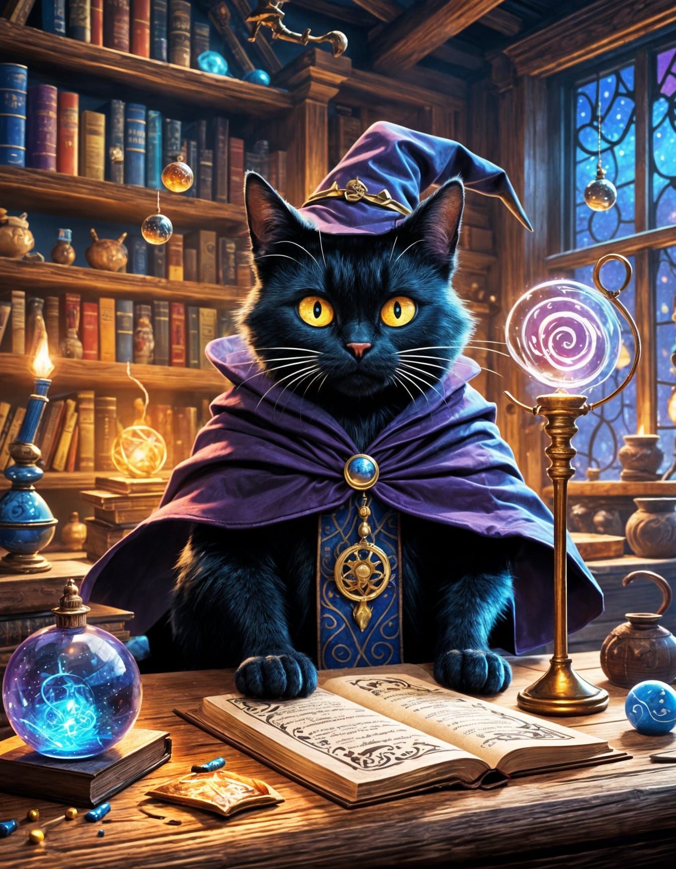 Black Cat Wizard's Magical Meatball Mishap in Pixar Style