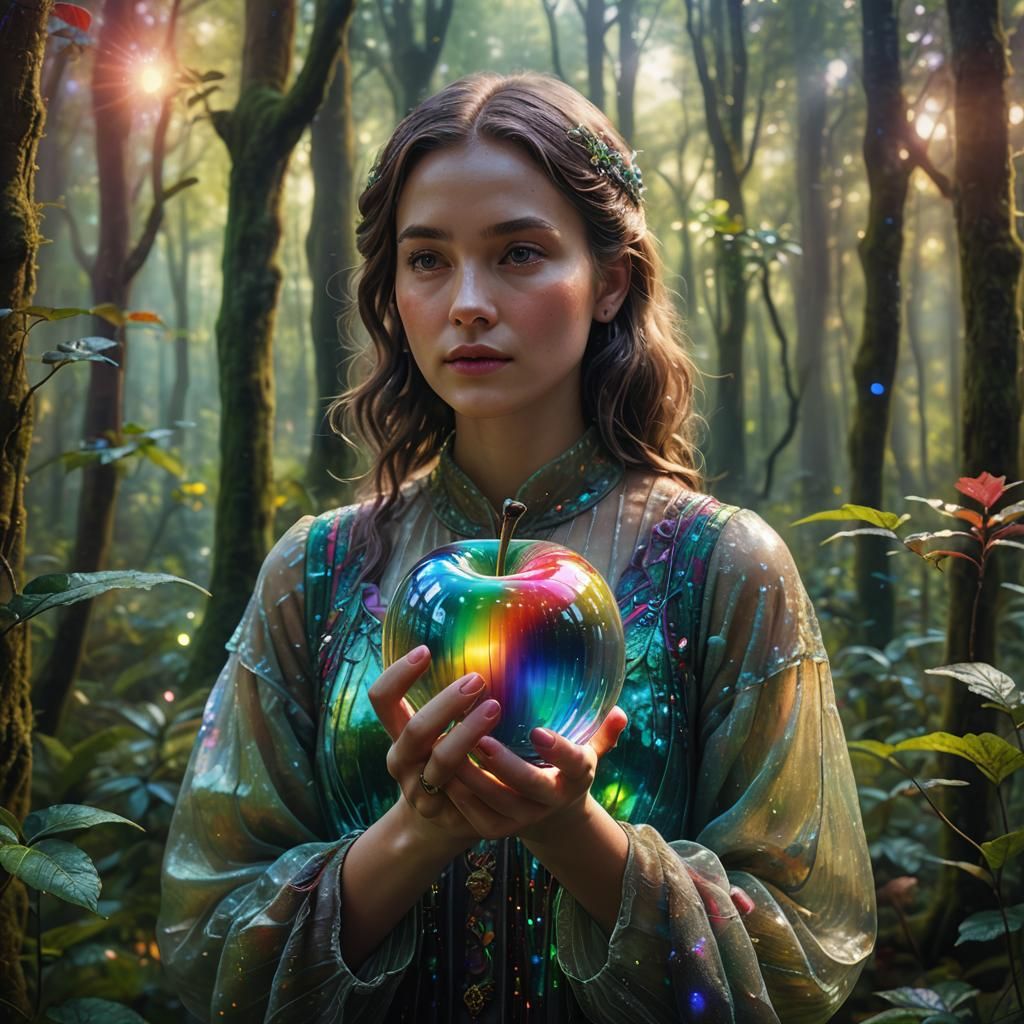 Woman with Iridescent Glass Apple in Lush Forest