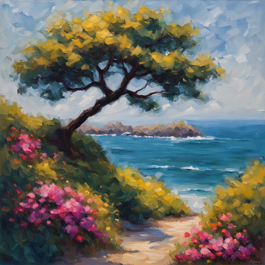 Impasto Oil Painting of a Serene Coastal Cove
