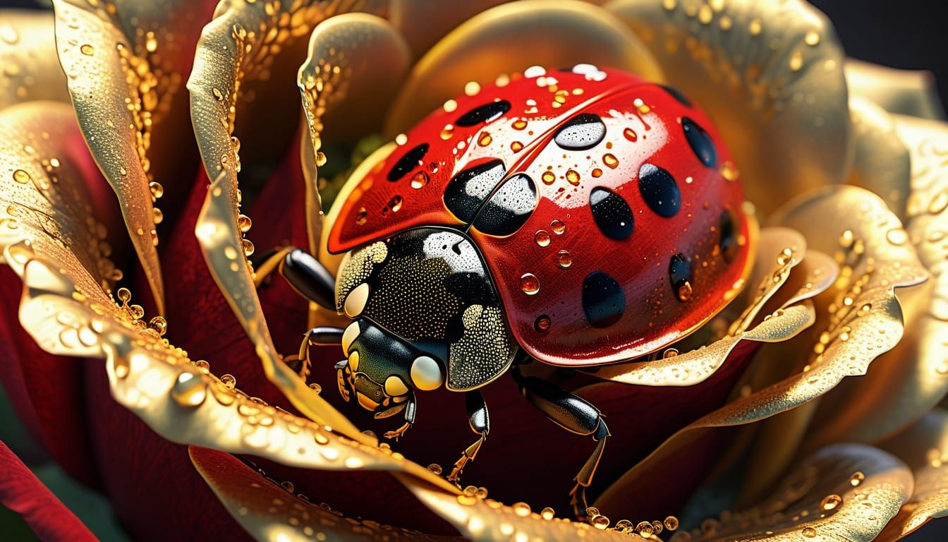 Scarlet and Gold Rose with Ladybug: Detailed Digital Art