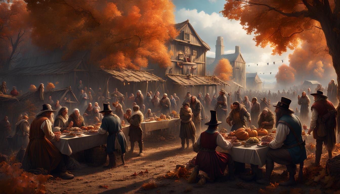 Pilgrims and Natives Celebrate First Thanksgiving, Matte Pai...