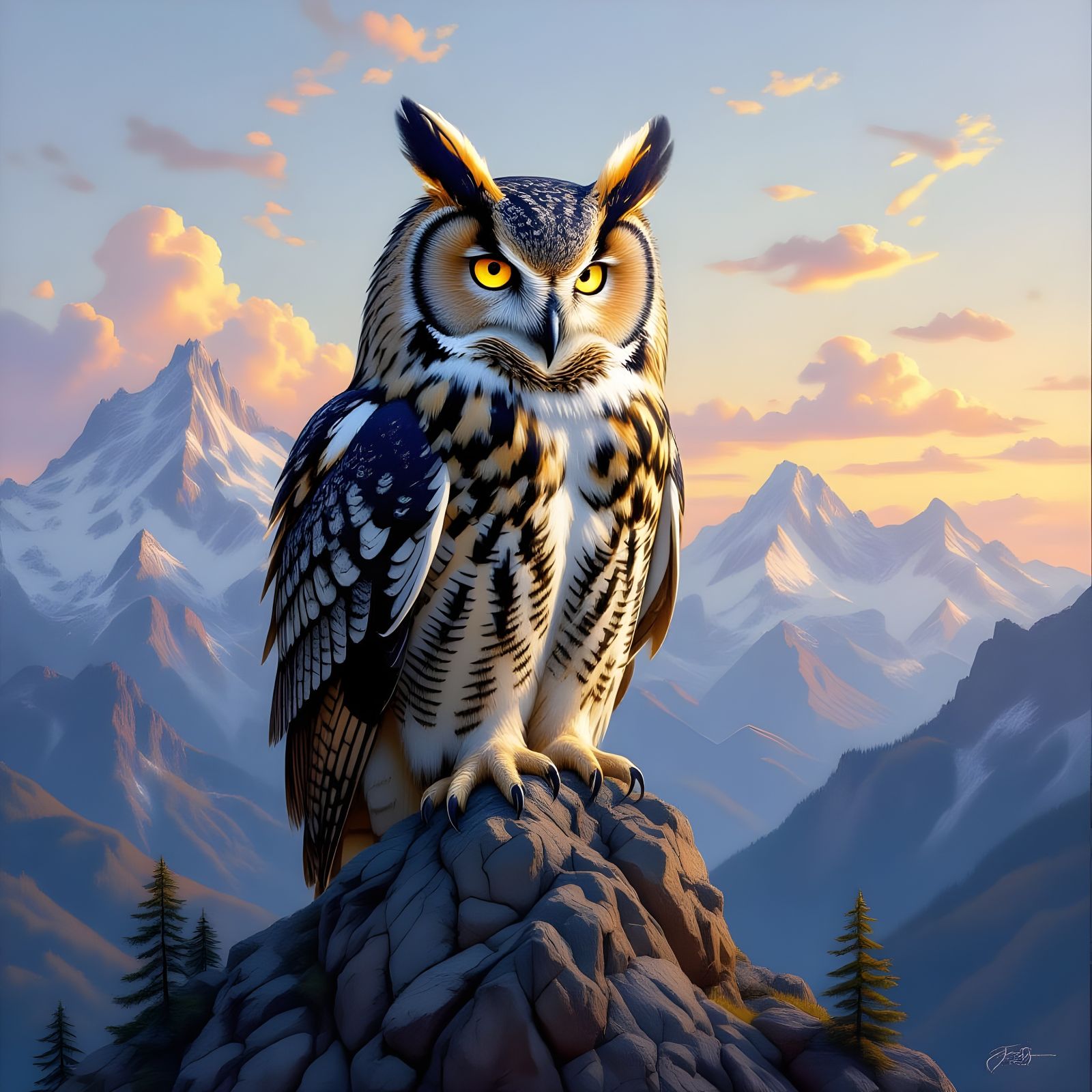 Ancient Owl Guardian Over Giant Mountains