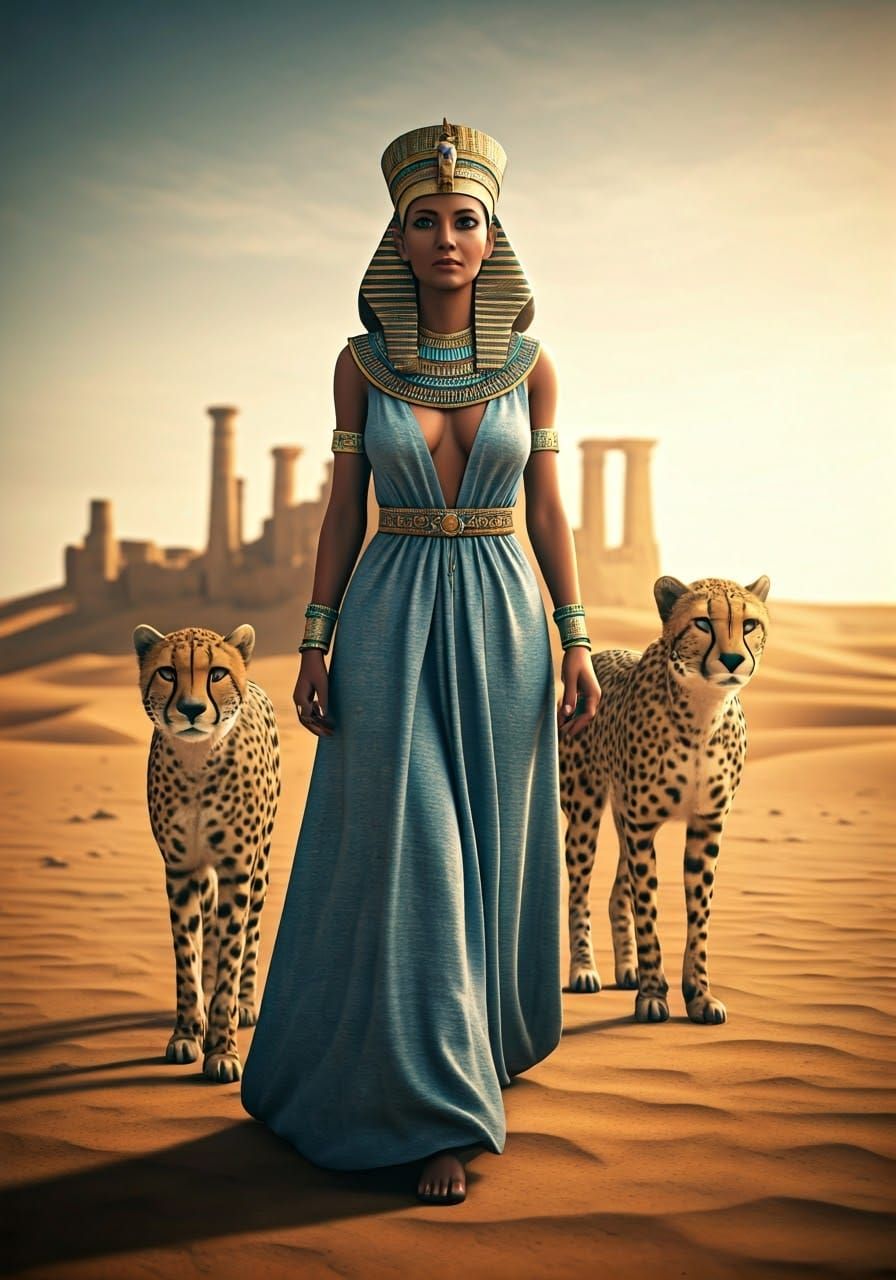 Egyptian Goddess Wears Azure Linen Robes and Golden Headdres...