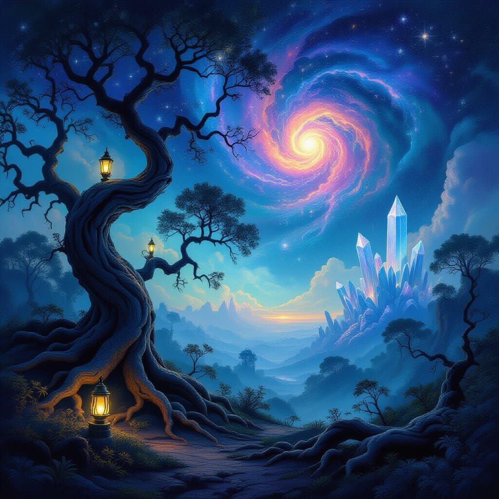 Surreal Cosmic Landscape with Gnarled Trees and Nebulae Sky