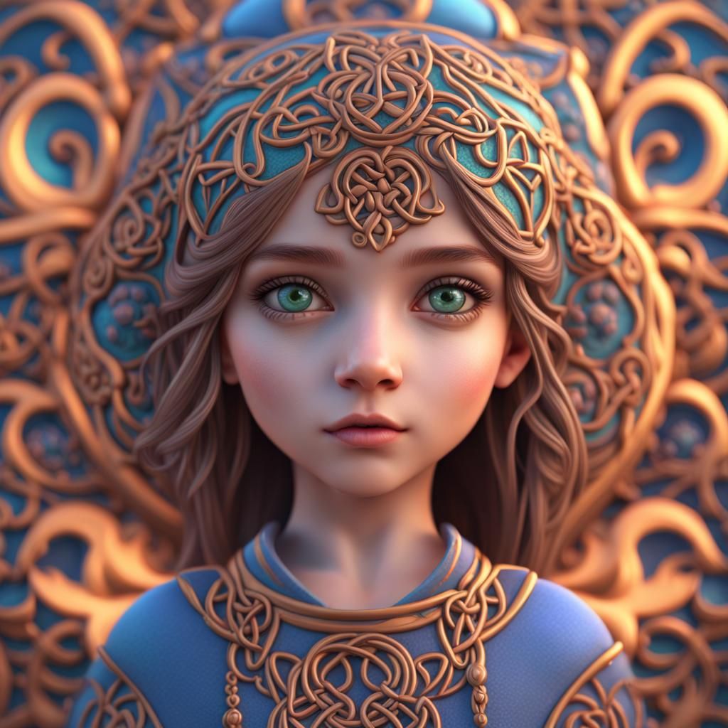 Cute Girl in Hypersylized Celtic Cloudscape, 8K