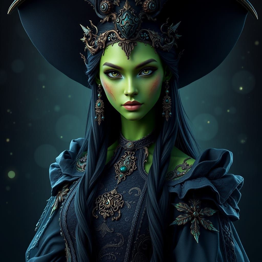 Enchanting Green Witch as Princess in Detailed Gown
