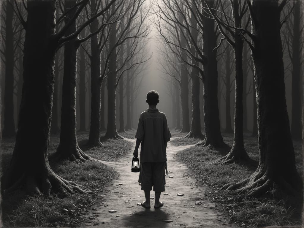 Crossroads Lantern: Hyperdetailed Charcoal Drawing