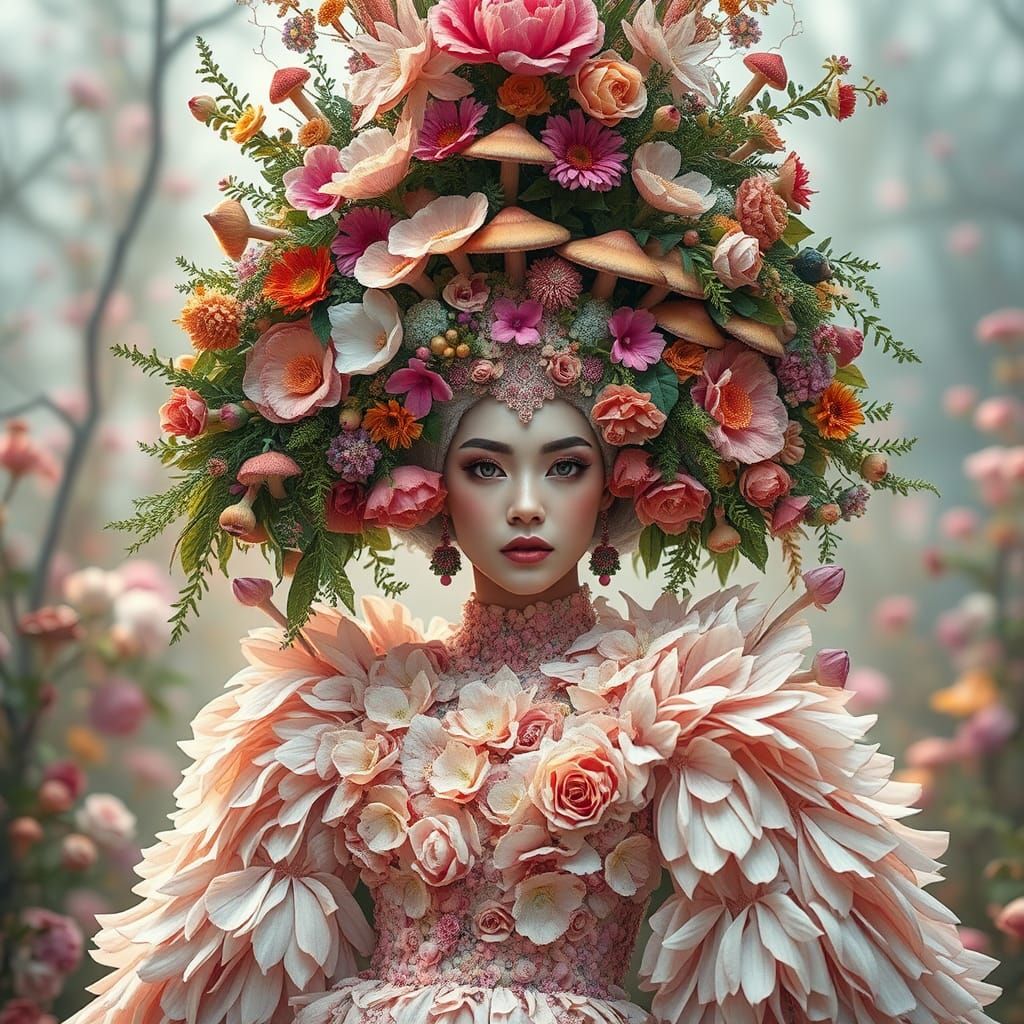 Woman with Floral Headdress in Dreamlike Style