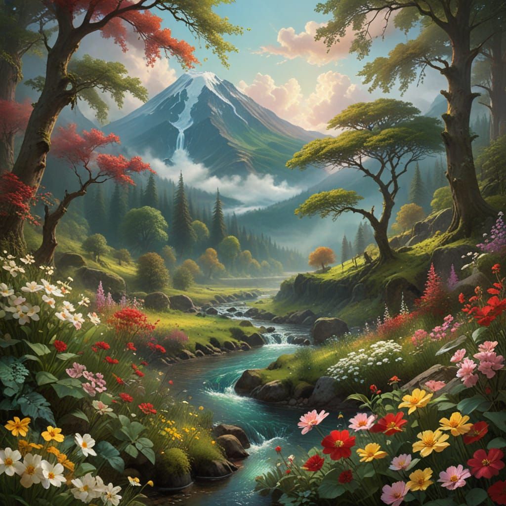 Golden Hour Hyperrealistic Landscape with Flowers and Volcan...