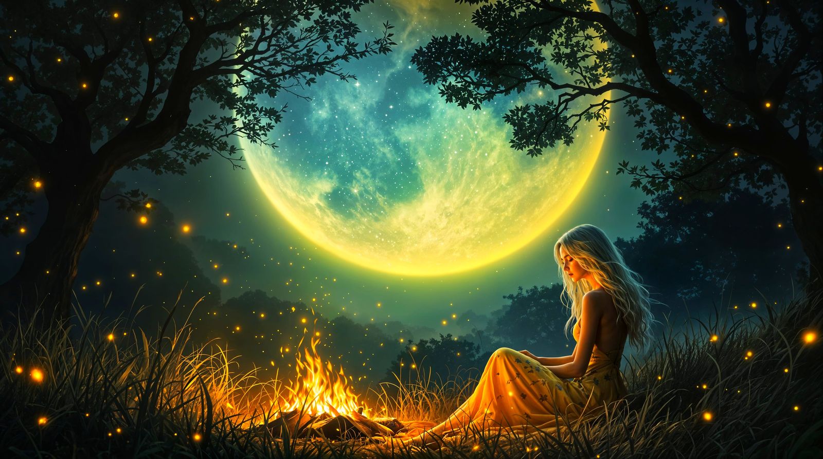 Ethereal Moonlit Scene with Silvery-Haired Woman by the Fire
