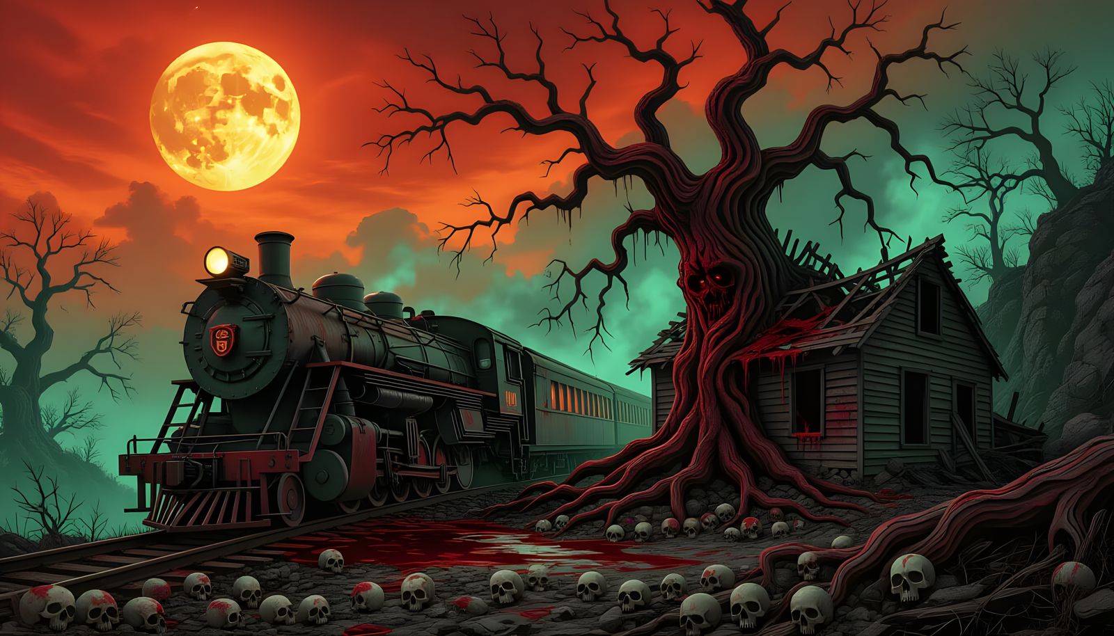 Demonic Tree Roots Entangle Rusty Train Wreck on Cliff