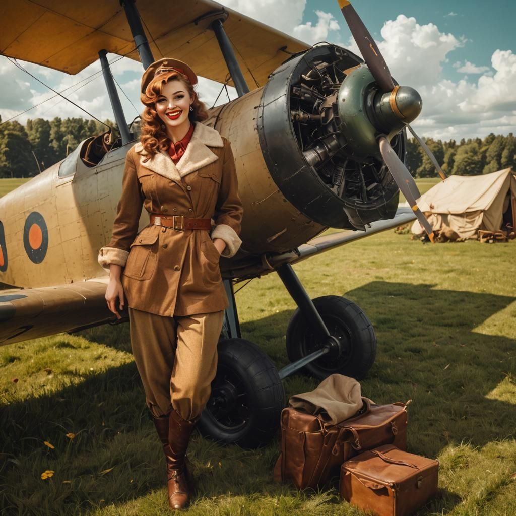Charming WWI Pin-Up Girl Portrait on Grass