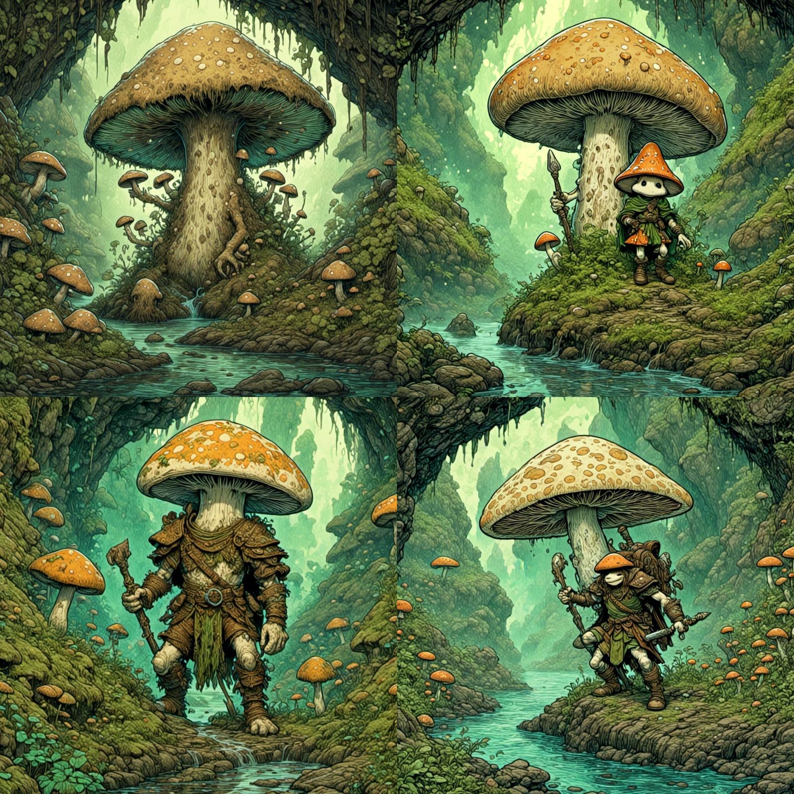 Mushroom Warrior in Fungal Cave, Ink and Acrylic Art