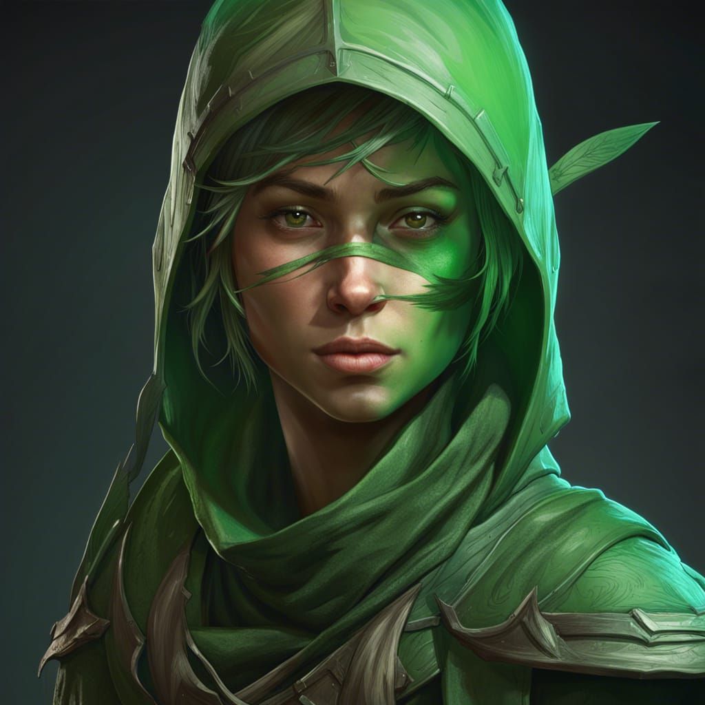 Green Ninja Archer Portrait in Hyperdetailed Style