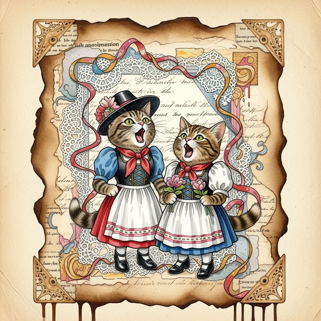 Cats Singing in Austrian Costumes as Watercolor Art