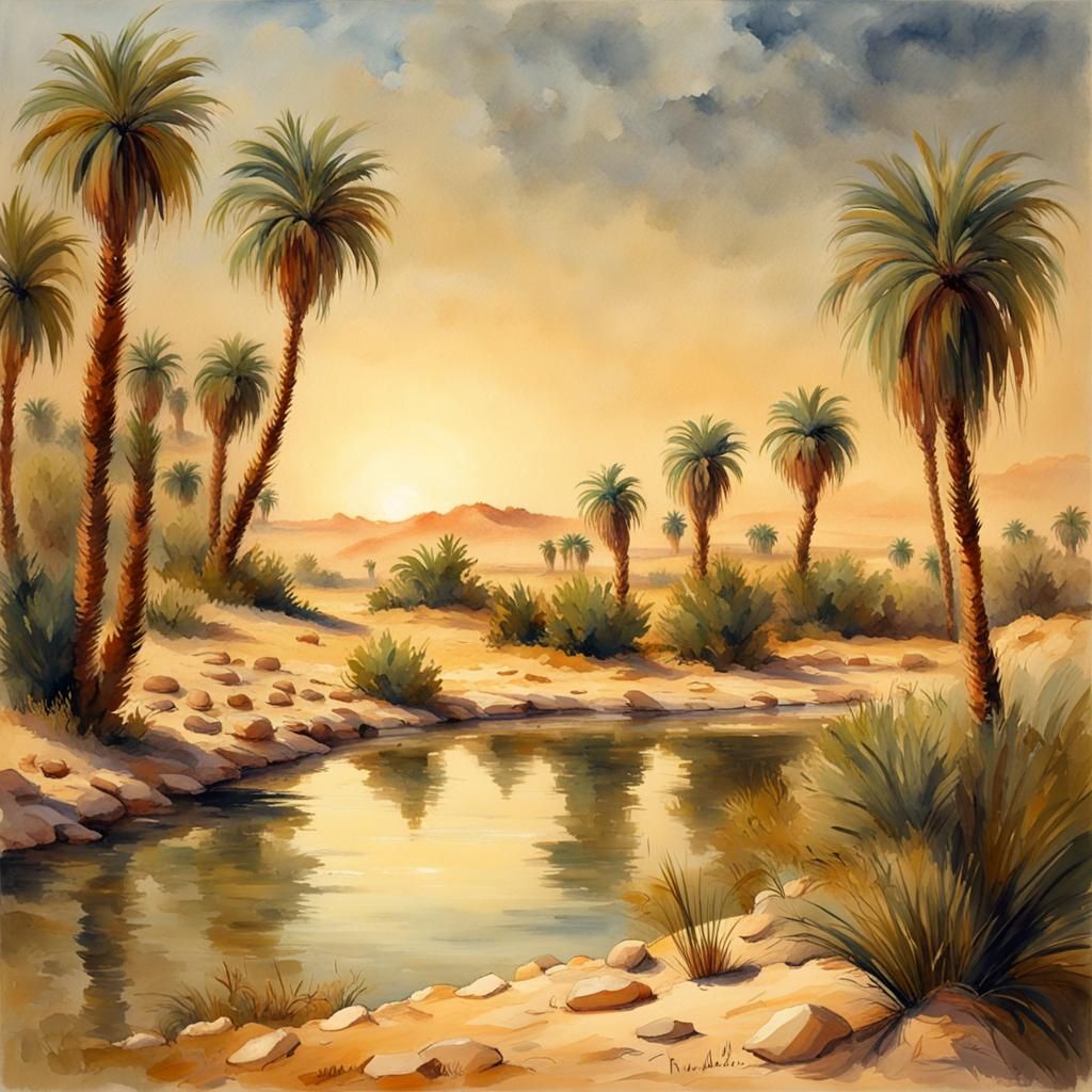 Desert Oasis with Egyptian Woman: Watercolor Style