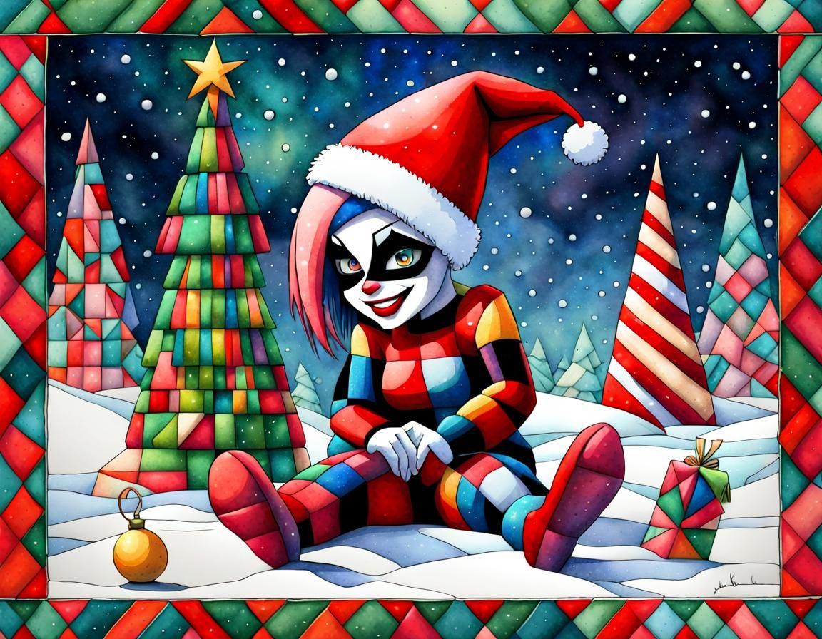 Christmas Harley Quinn in Cubist Aquarelle Style