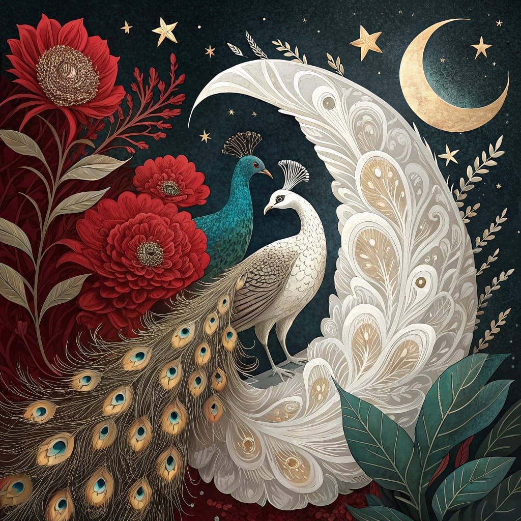 Luxurious Celestial Night Scene with Peacocks in Gold and Ob...
