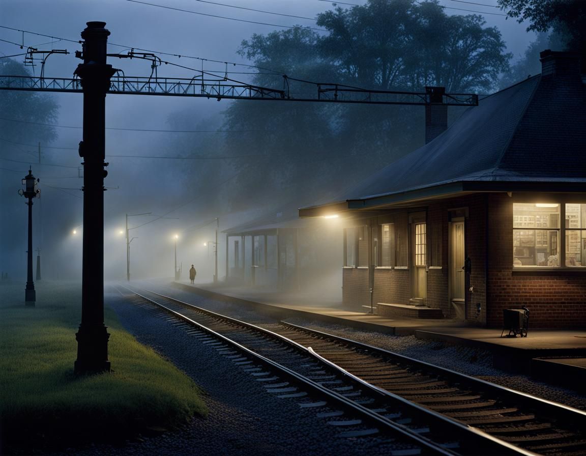 Lonely Train Station in Morning Mist