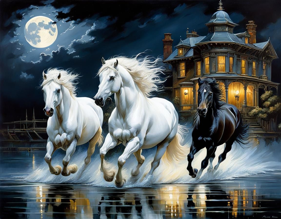 Stallion and Colt Running Under Moonlight
