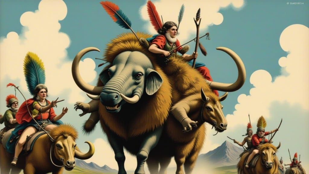 Tribal Woman Rides Elasmotherium in Oil Painting Style