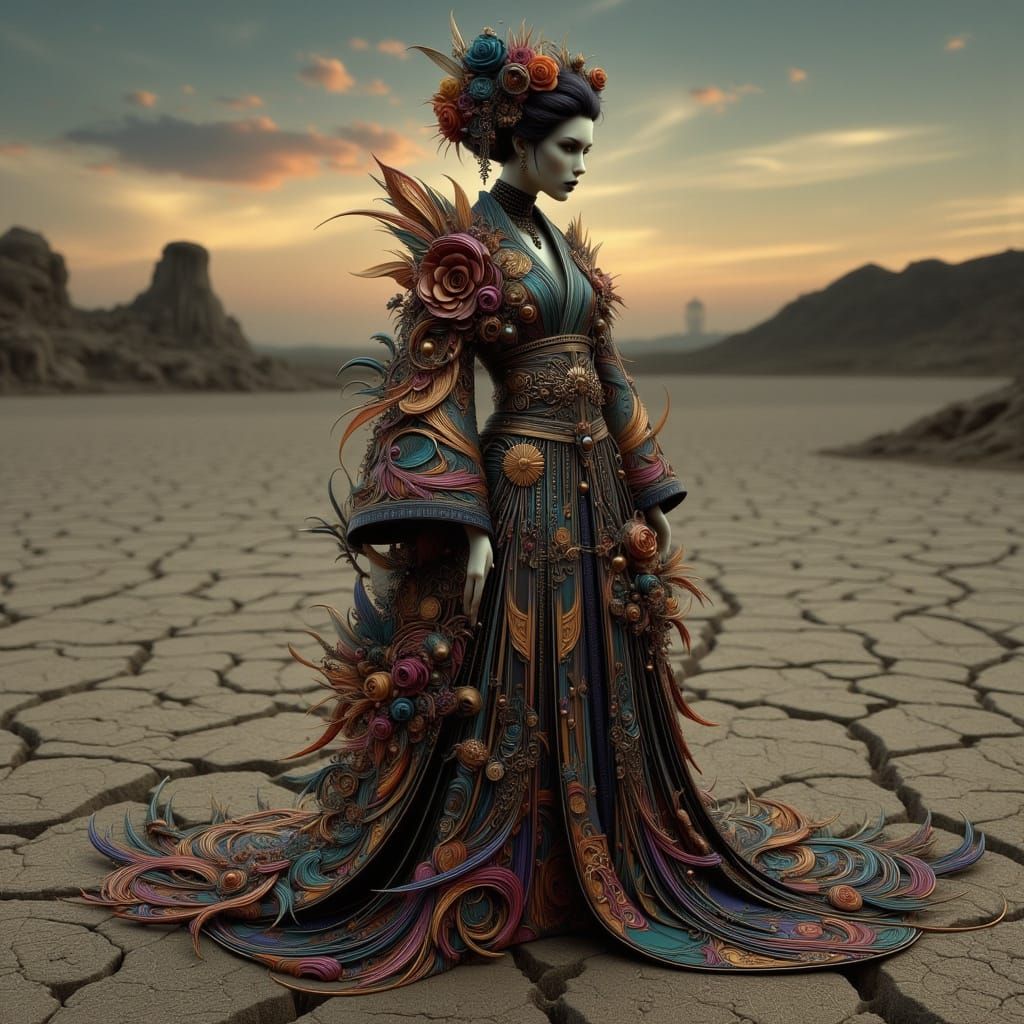 Art Nouveau Geisha in Surreal Desert Landscape