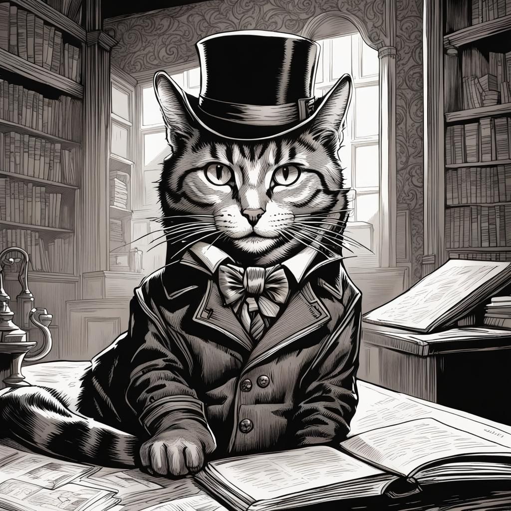 Tabby Cat as Sherlock Holmes in Tenniel Style