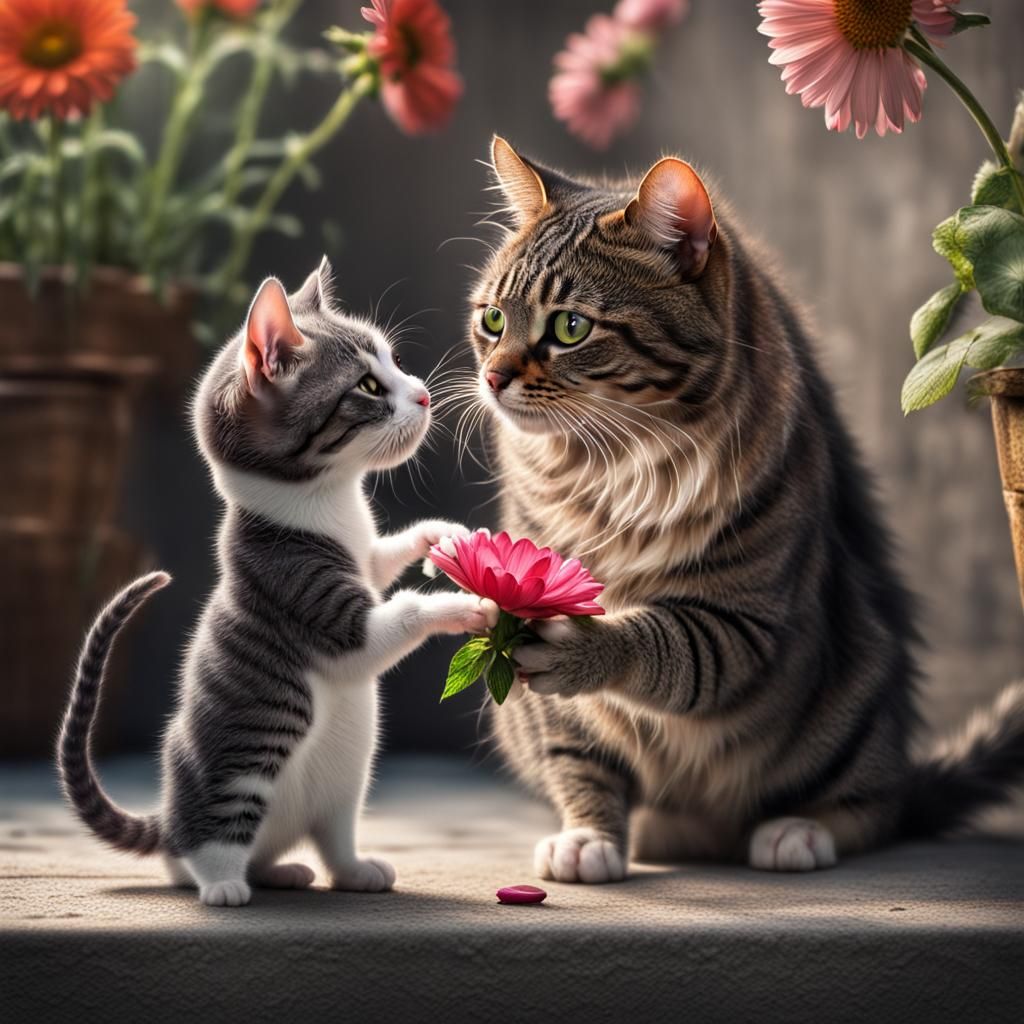 Mouse Offers Flower to Cat in Hyperrealistic Style