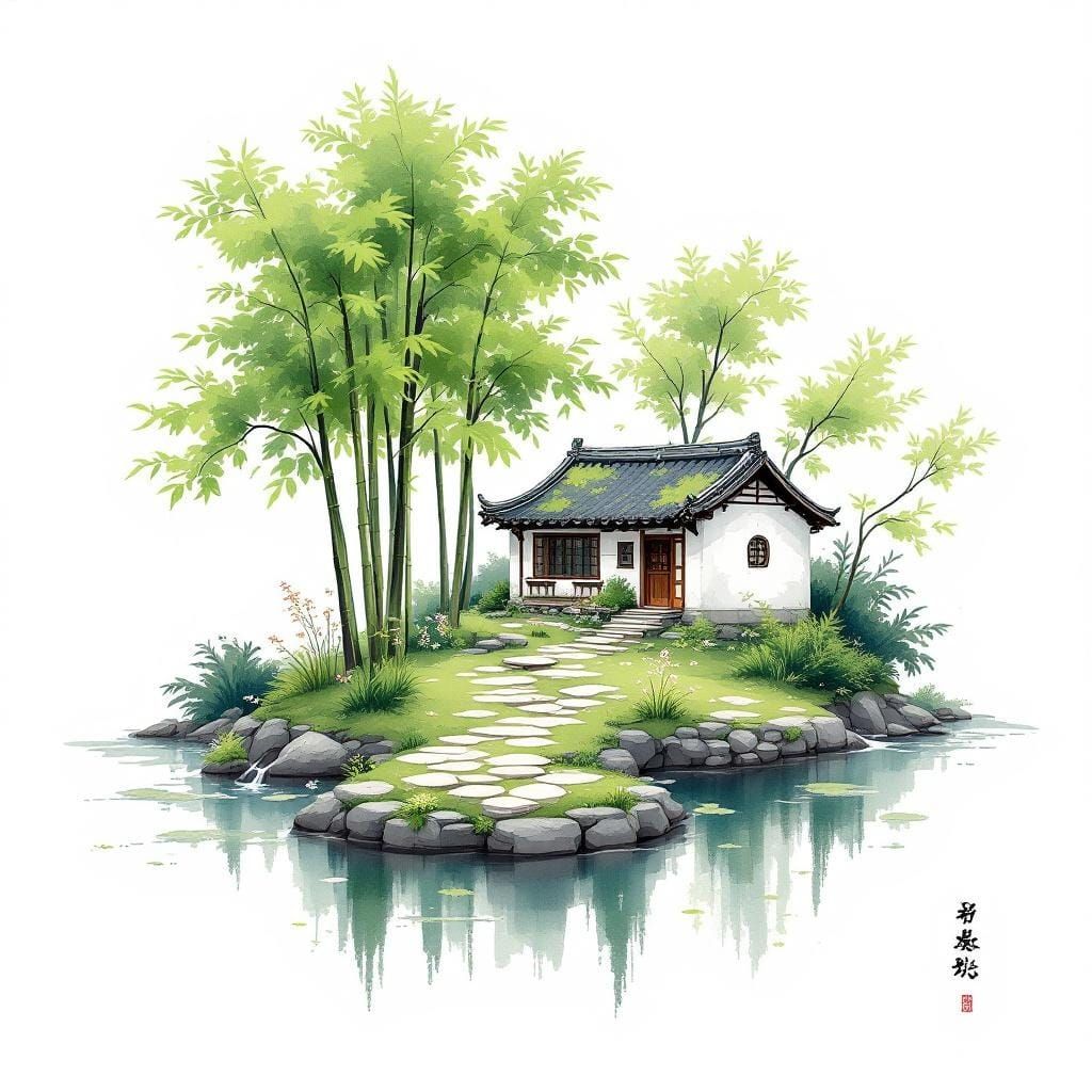 Green Watercolour Landscape in Chinese Ink Painting Style