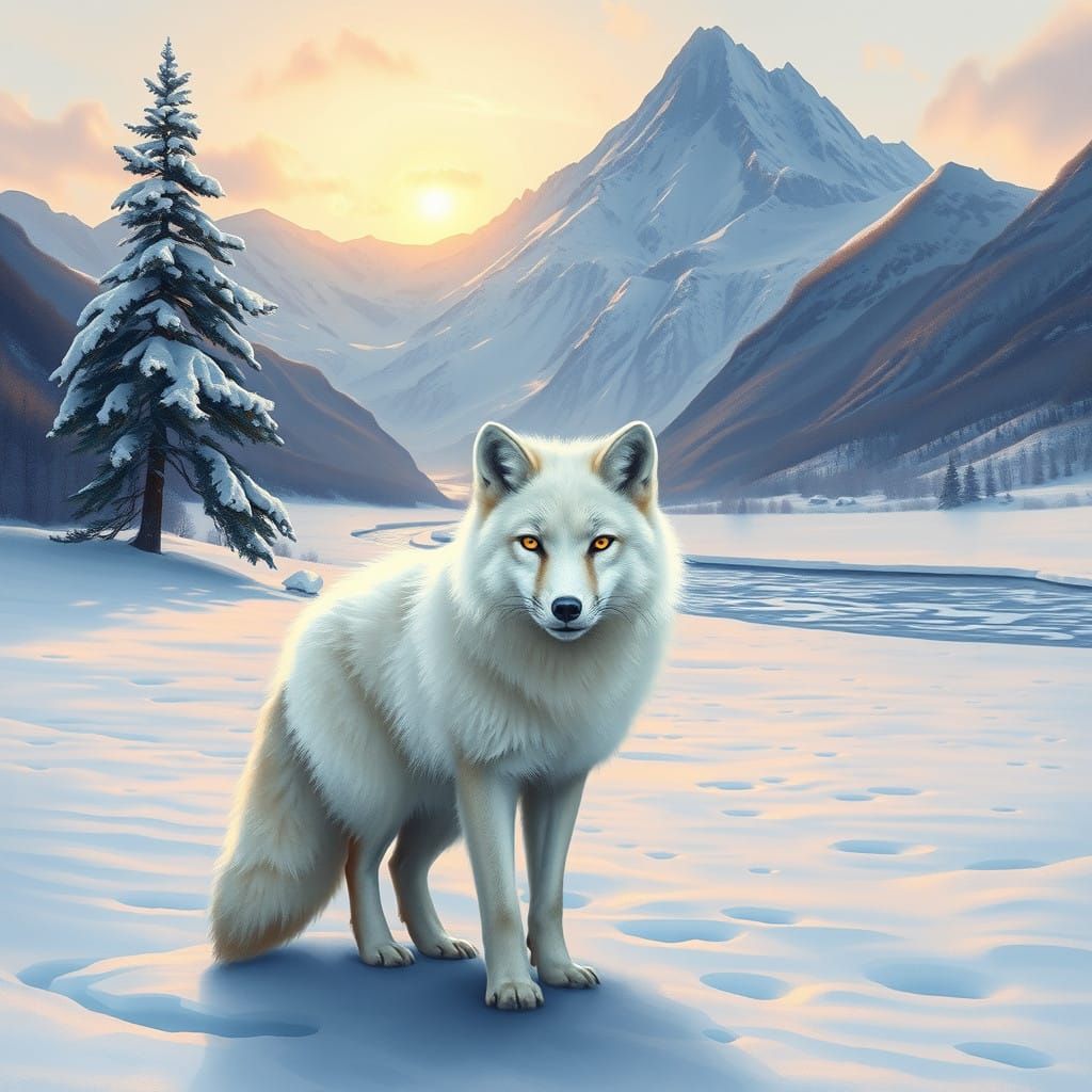 A Majestic Arctic Fox in a Serene Snowy Landscape