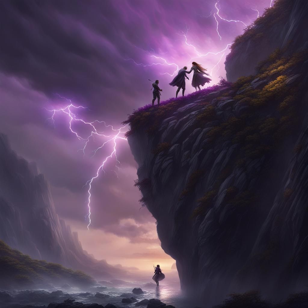 Dramatic Cliff Rescue in Storm, Dark Fantasy Art