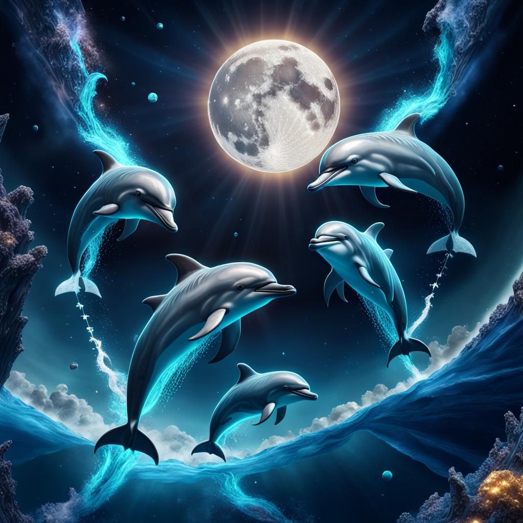 Dolphins Catching a Blue Diamond Moon in Space