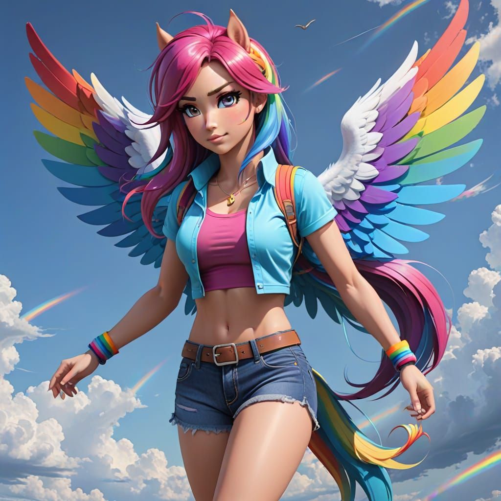 Mythical Pegasus Rider in Rainbow Hues