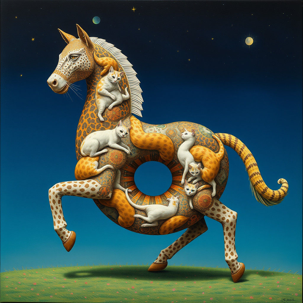 Surreal Donut-Shaped Horse of Cats, Mixed Media Art