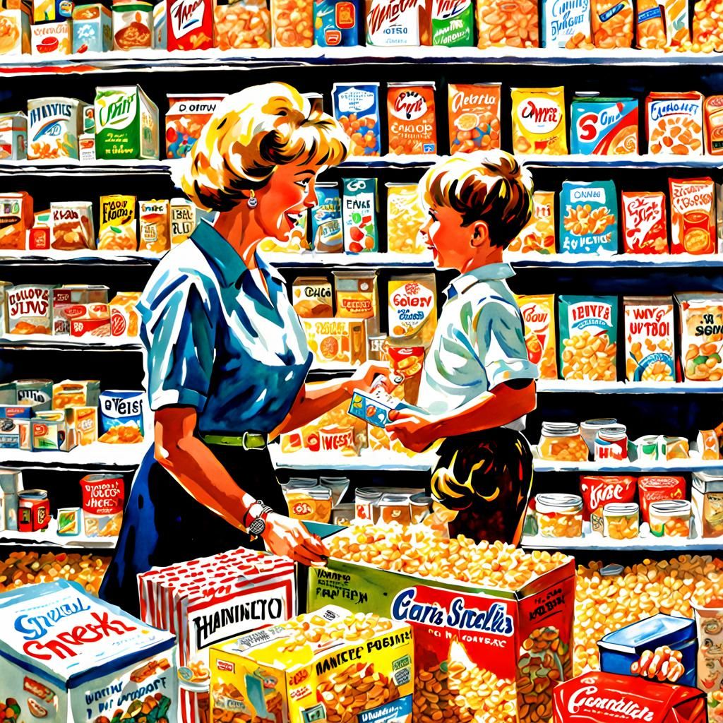 Boy Reaches for Cereal: Watercolor Painting in 1960s Store
