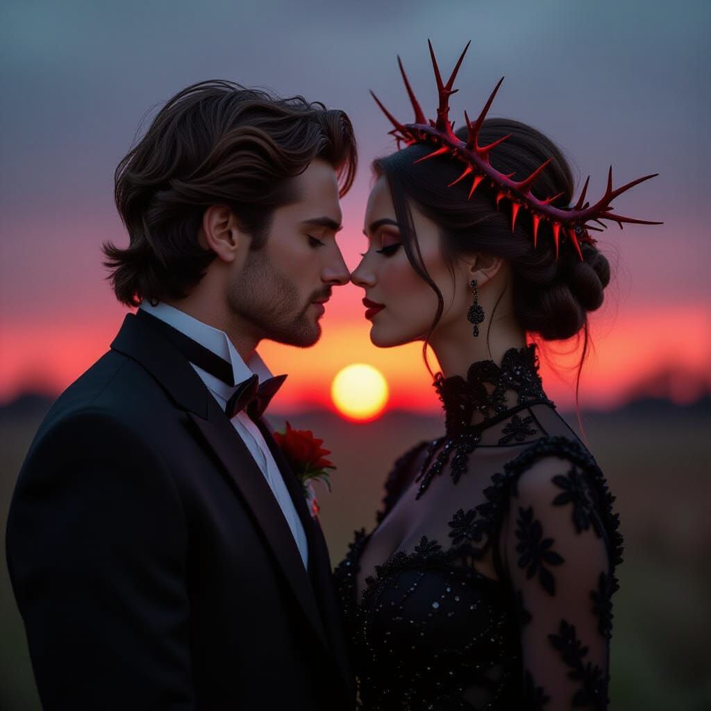 Romantic Couple About to Kiss in Dark Dawn