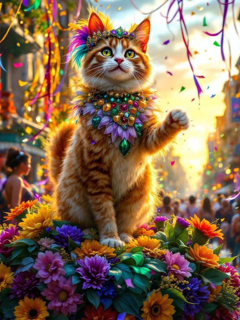 Mardi Gras Cat in Opulent, Whimsical Parade Scene