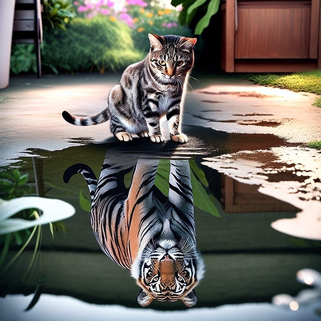 Tabby Cat's Unexpected Tiger Reflection