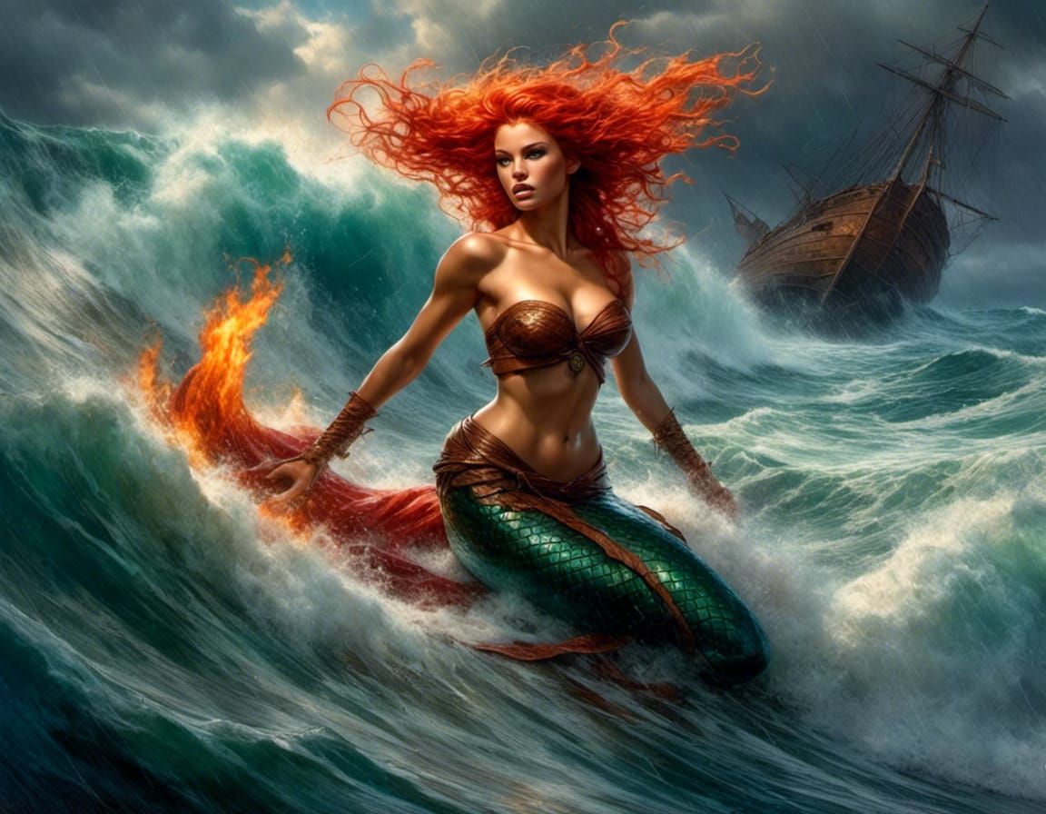 Mermaid Ascends Storm in Fantasy Art Style