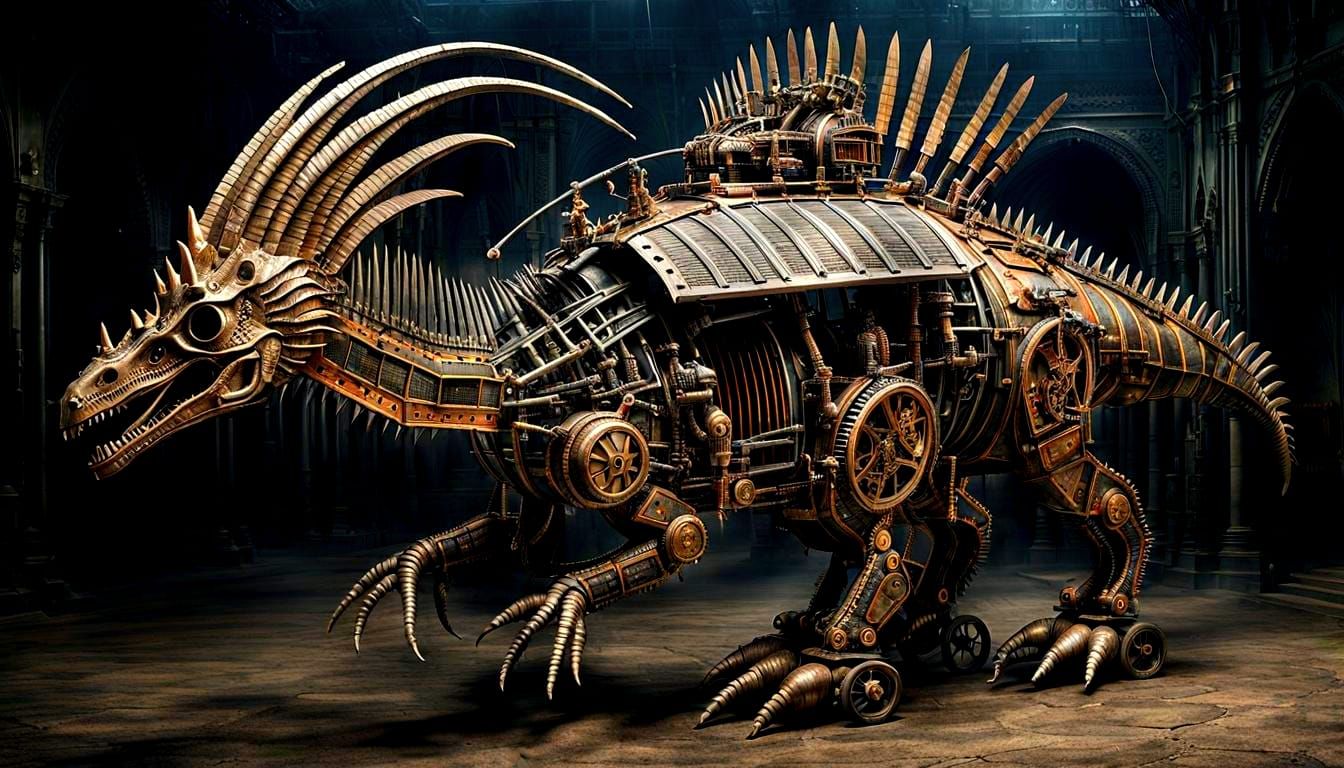 Steampunk Therizinosaurus War Vehicle in Gothic Style