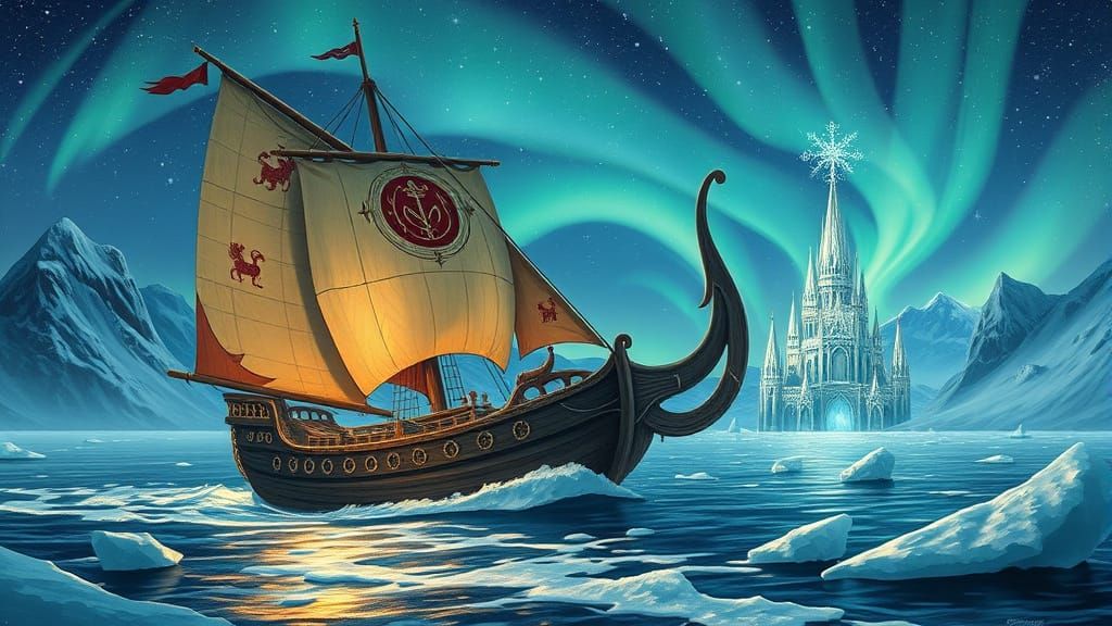Elven Ship Sails to Crystal Kingdom Amidst Aurora Borealis