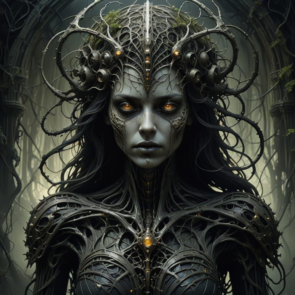 Surreal Woman Ensnared in Thorny Vines, Surrounded by Moths,...