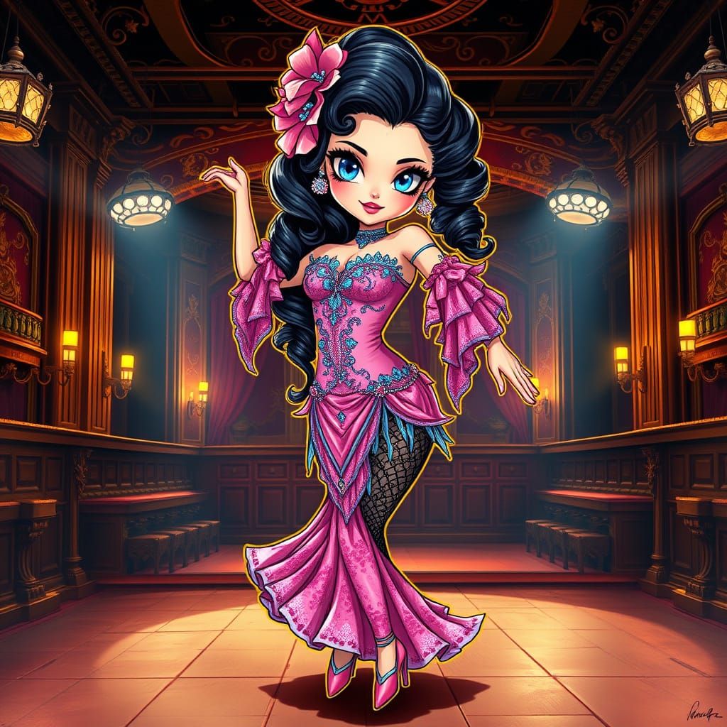 Vibrant Chibi Flamenco Dancer on Opulent Victorian Cabaret S...