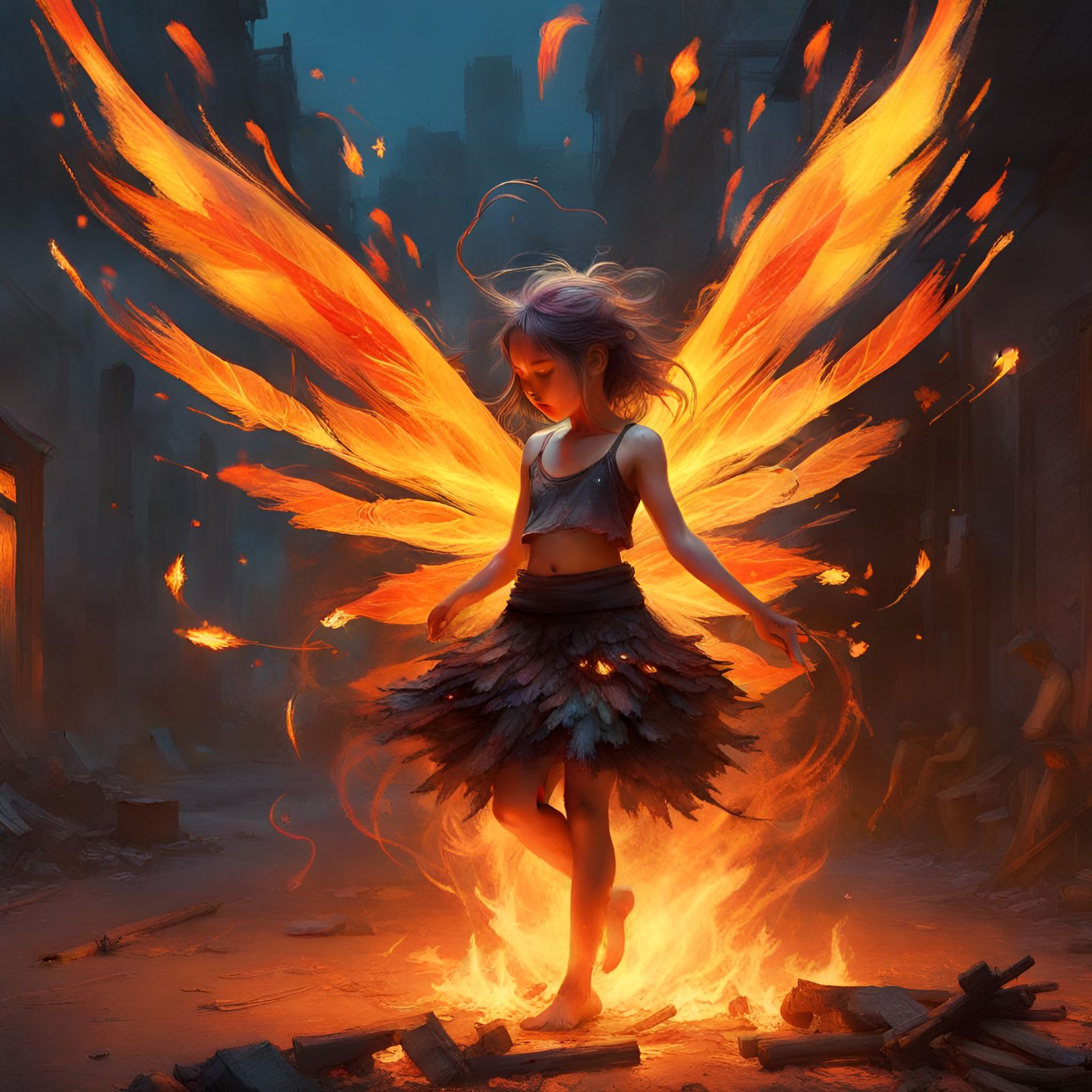 Fire Fairy Dancing in Bonfire: Digital Art
