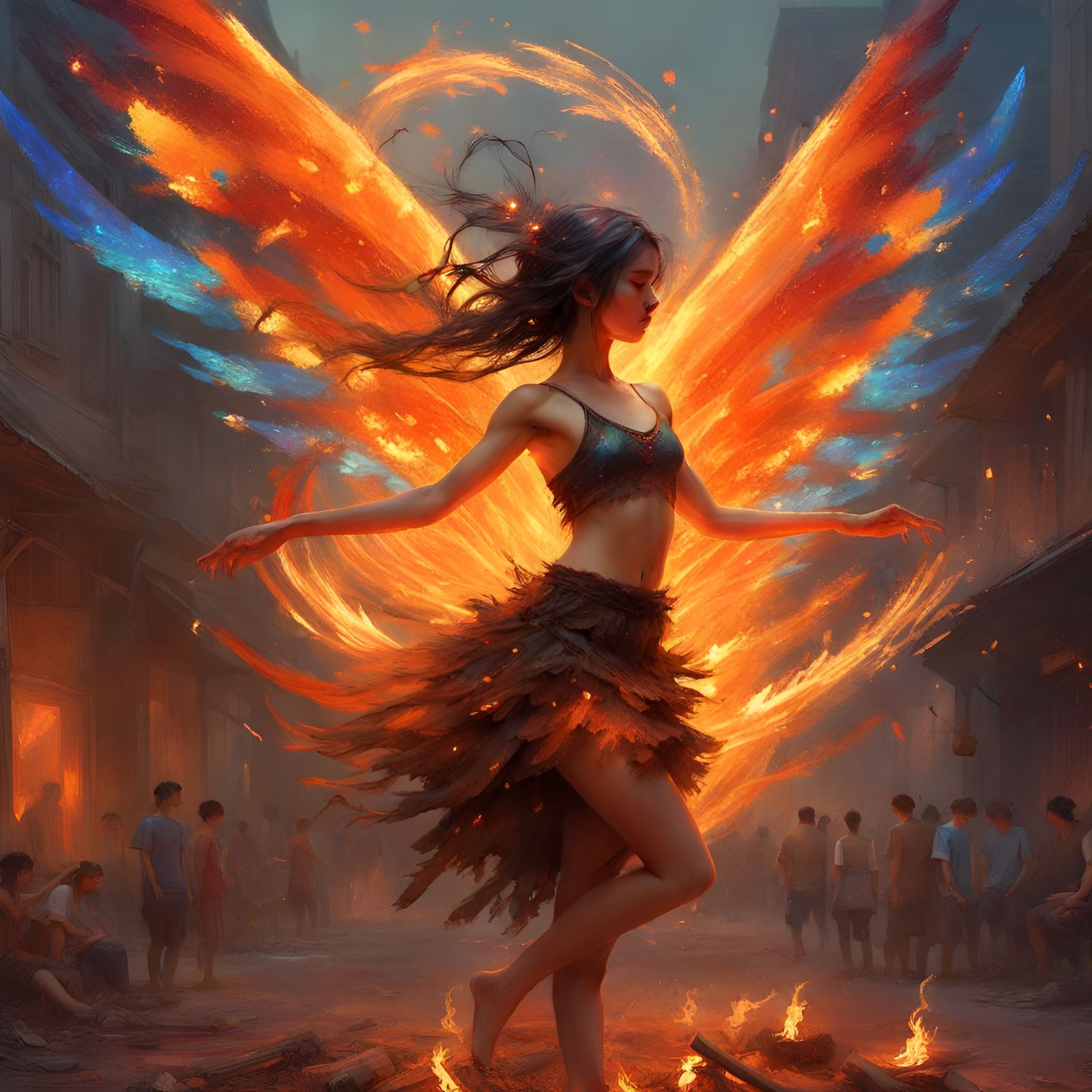 Fire Faerie Dancing in Bonfire: Fantasy Art