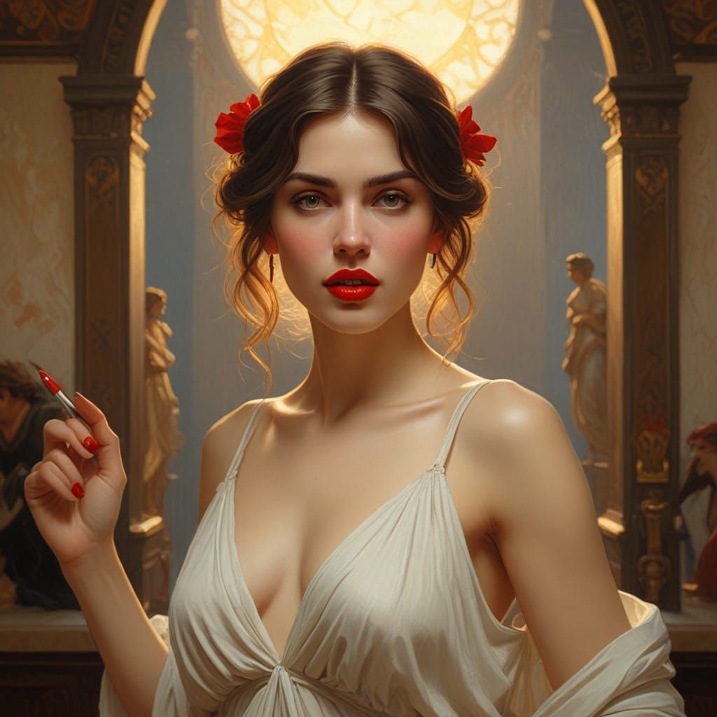 Crimson Kiss: Oil Painting of a Woman with Bold Lipstick
