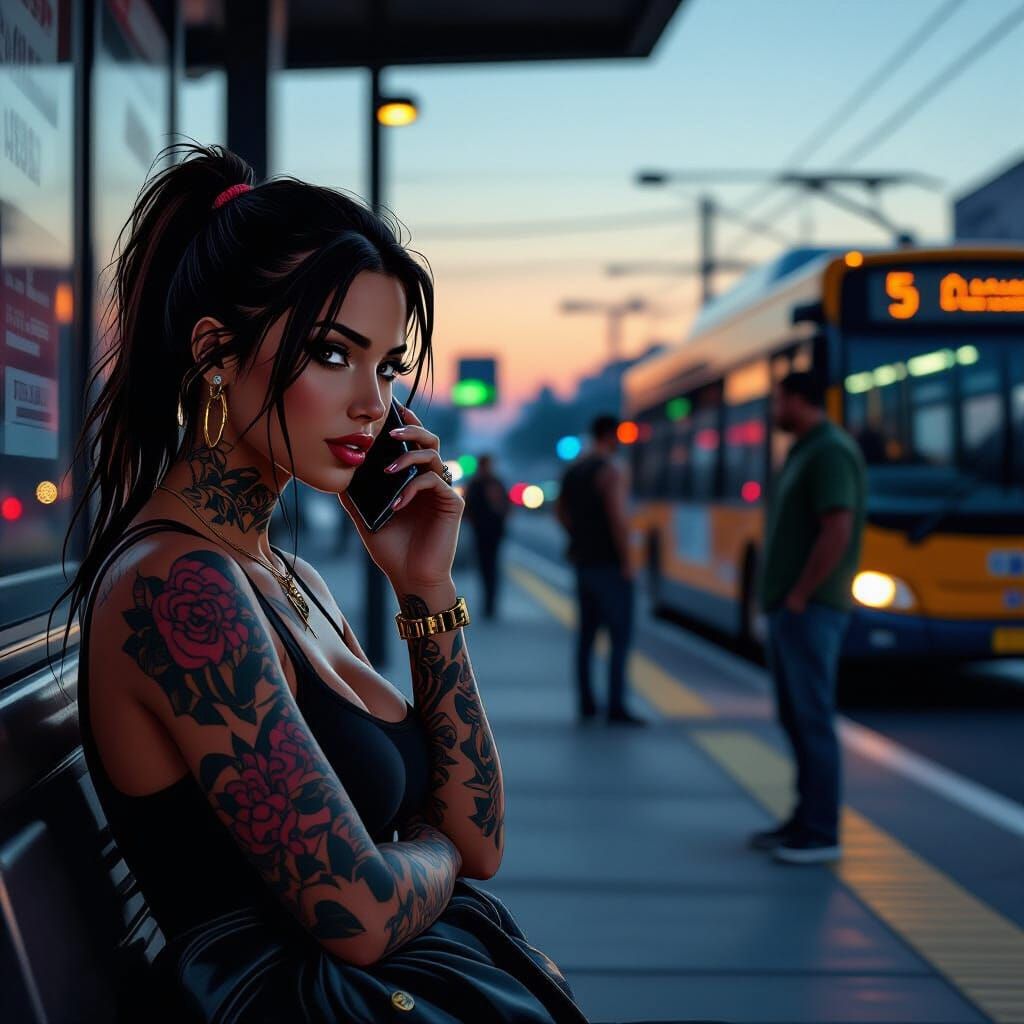 Tattooed Girl at Bus Stop in GTA 5 Style