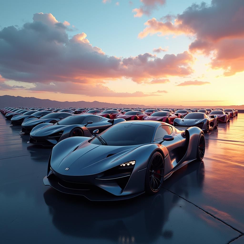 Futuristic Supercar Parking Lot at Sunset